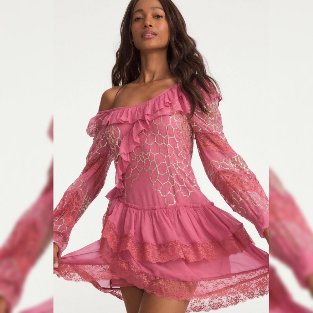 FREE PEOPLE LoveShackFancy Pink and Gold Angora Mini Dress in Size/10